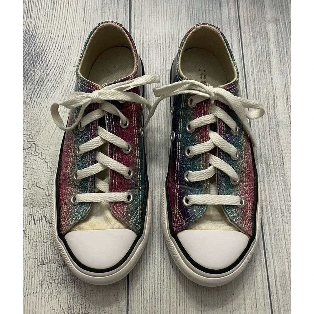 Pink & Blue Glitter Converse All Stars Girl Shoes, Size Youth 13
